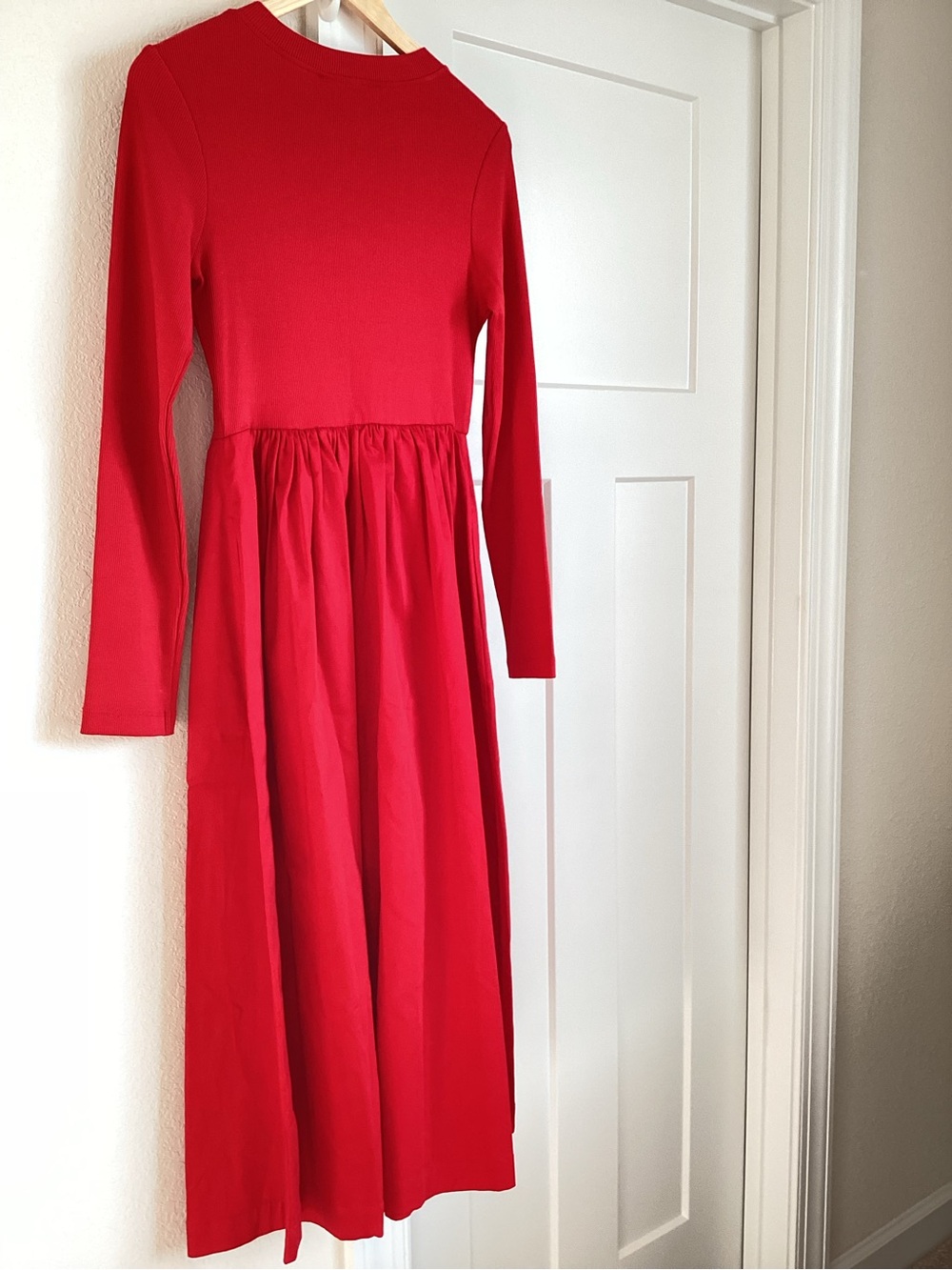 Anthropologie Long Sleeve Dress Crew Neck Twofer Button Front Midi New Small Red - Picture 8 of 12